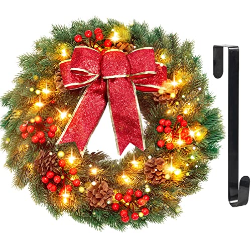 17’’ Christmas Wreath with 40 LED Lights & Hanger - Pre-Lit Lighted Christmas Door Wreaths Decorations for Front Door with Timer, Festive Bow & Pine Cones & Berries for Window Outdoor Wall Decor 17’’ Christmas Wreath with 40 LED Lights & Hanger - Pre-Lit Lighted Christmas Door Wreaths Decorations for Front Door with Timer, Festive Bow & Pine Cones & Berries for Window Outdoor Wall Decor