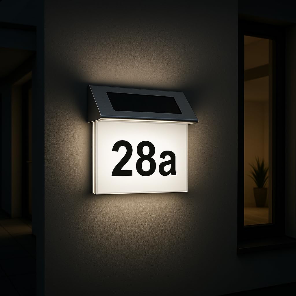 MeLiTec Solar-Hausnummer SH01 | moderne LED-beleuchtete Hausnummer | für außen, wasserdicht | aus Edelstahl | kabellose Solar-Hausnummernleuchte | Hausnummernschild inklusive Ziffern- & Buchstabenset
