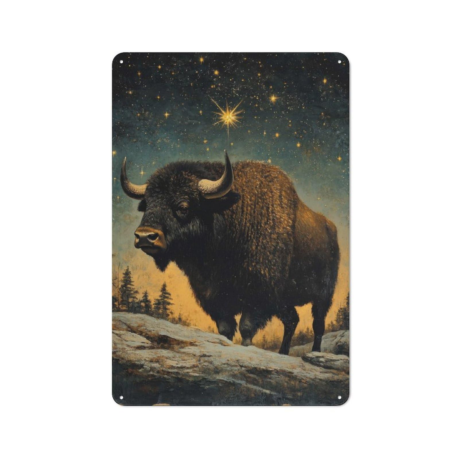 Junmoney Bison Under Starry Sky Retro Tin Wall Plaque 30X20cm For Dining Room Or Kitchen, For Home Decor Collectors