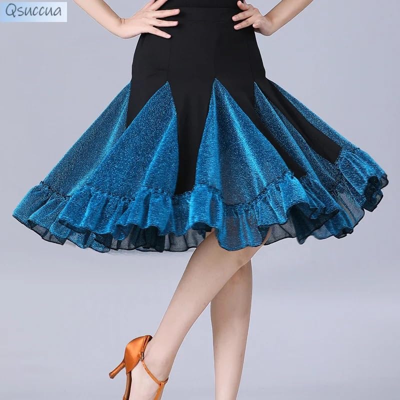 Falda de Baile Latino Falda Femenina Ropa de práctica de Baile for Adultos Falda de Baile Falda Corta Falda de Gran Vuelo(Blueblack,XL)