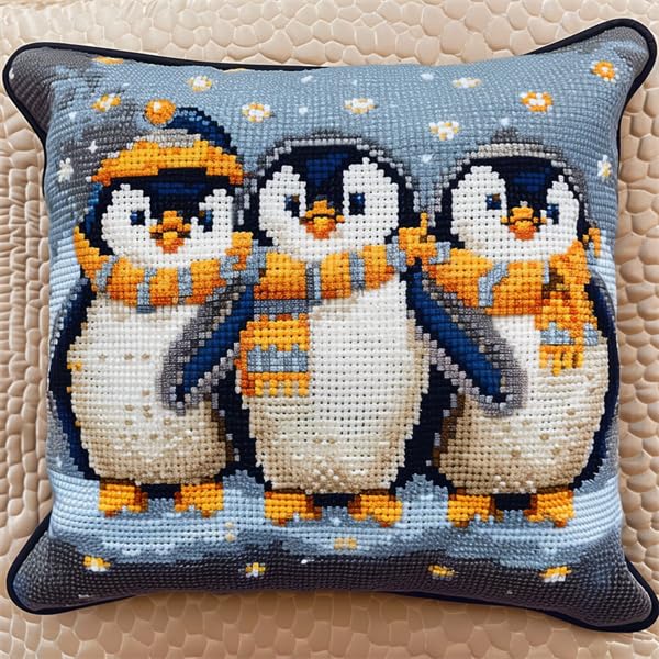 Kitquiver Latch Hook Cushion Kits Penguin Latch Hook Pillow Kits (43X43cm) DIY Handmade Pillowcase for Beginners Pre-Printed Pattern Needlework Crochet Craft Kits for Sofa Decoration