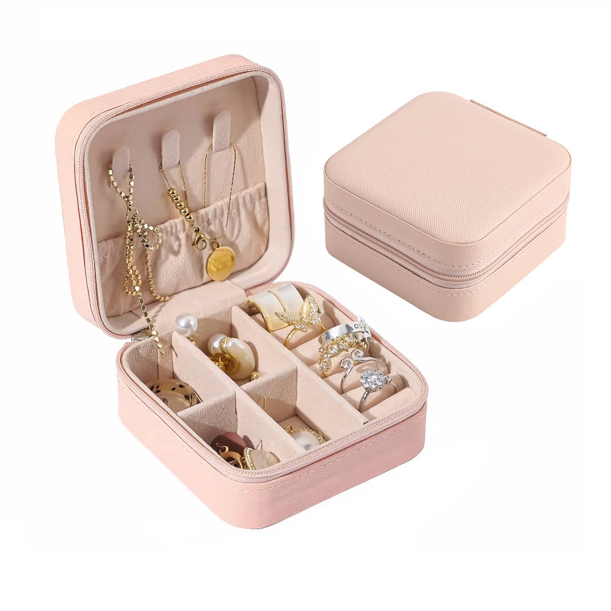 MOBOOYJewellery Box for Women, Mini Portable Travel Jewelry Box Organiser Storage Case,PU Leather Jewlerrying Display Holder, Small Travel Jewellery Box for Girls, Women, Mother, Daughter,Lotus Root Starch