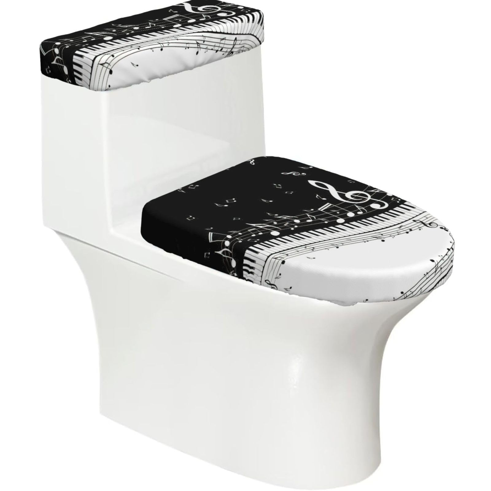 Piano Keys with Musical Notes Printed Toilet Tank and Lid Cover Set of 2 for Most Bathrooms, Fits Elongated Round Toilets