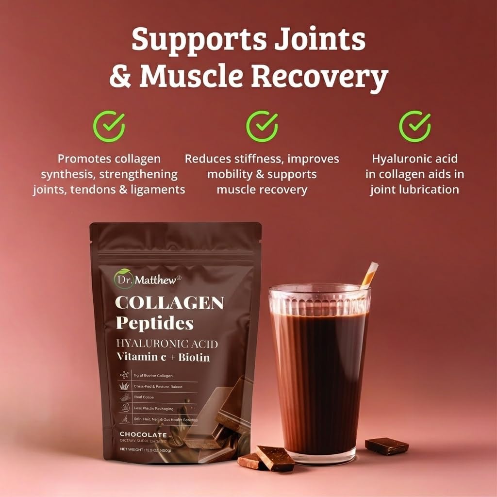 Chocolate Collagen Powder. Collagen with Hyaluronic Acid and Vitamin C. Chocolate Collagen Peptides Powder Chocolate. Collagen with Vitamin C & Biotin for Hair, Skin, Nails, Joint. Keto, Type 1 and 3.