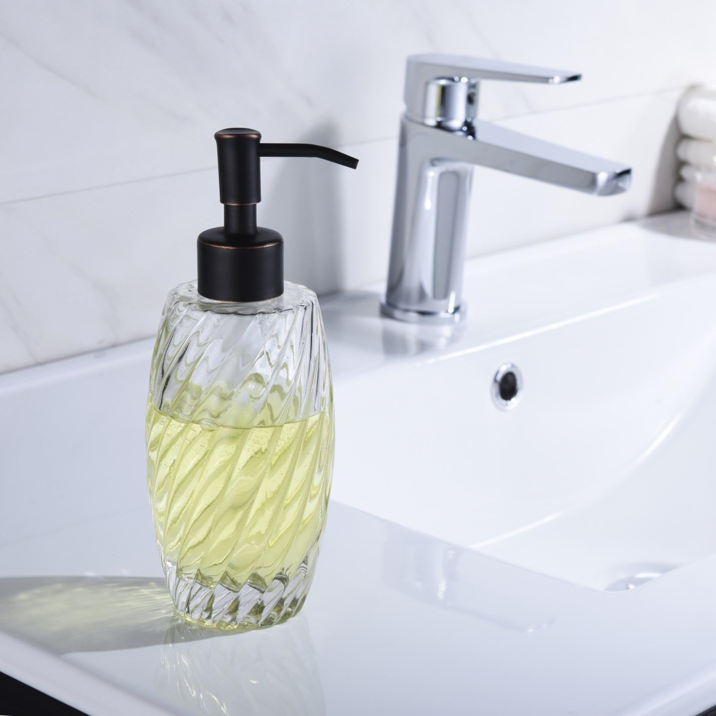 Delle Rosa Countertop Glass Soap Dispenser Oil Rubbed Bronze Clear Glass Bottle Dispenser for Kitchen, Bathroom Essential Oils, Lotions, Liquid Soaps - Image 4