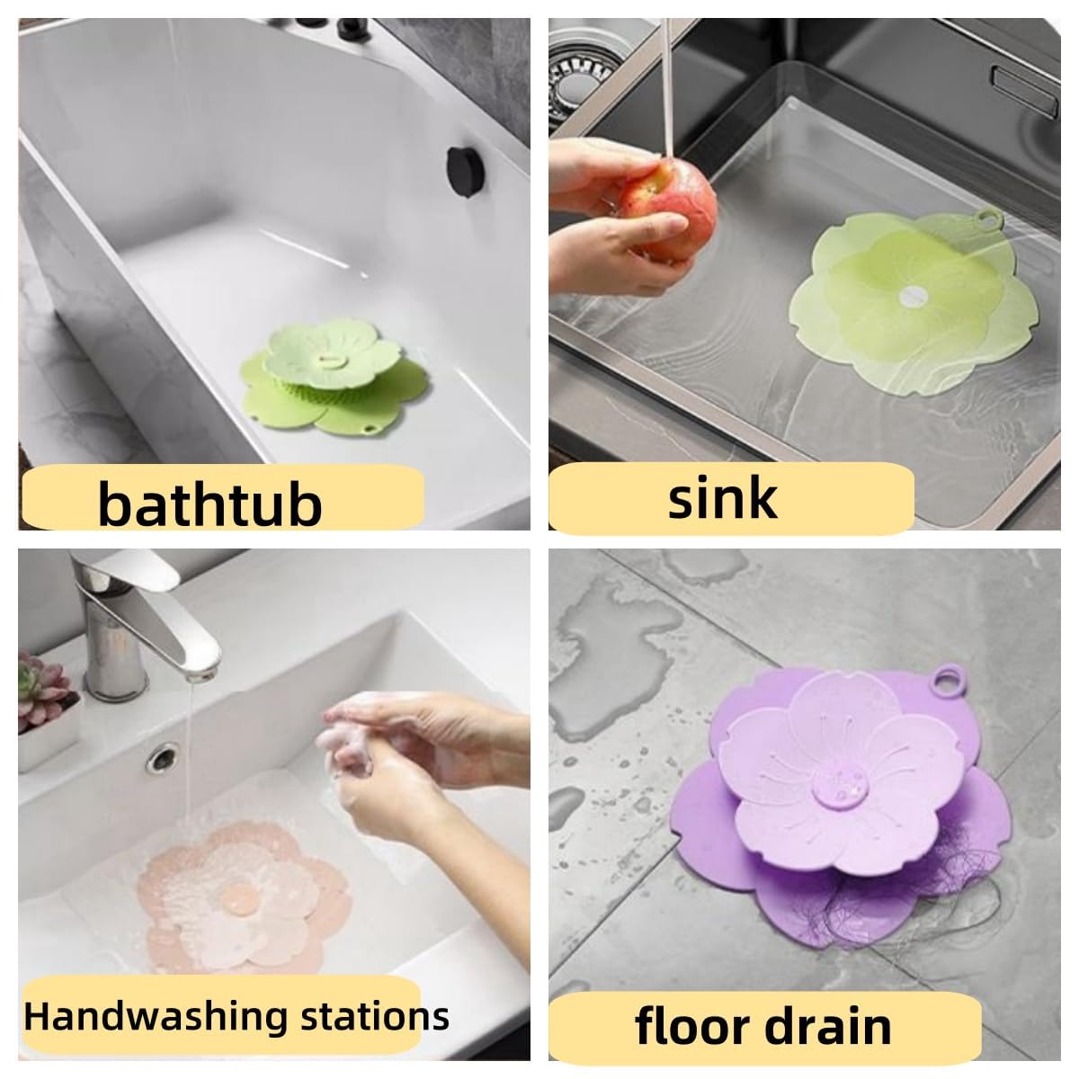 Silicone Bathtub Drain Cover/Strainer - Dual Use Tub Stopper & Floor Drain Protector - Purple Flower Shape Hair Catcher (Green): Yellow