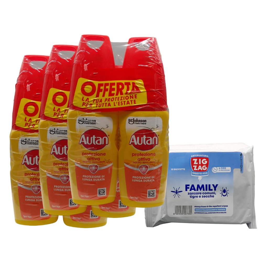 AUTAN PROTEZIONE ATTIVA DI LUNGA DURATA - 3 CONFEZIONI BIPACCO 6X100ML più 1 confezione ZIGZAG Pelli Sensibili salviette antipuntura