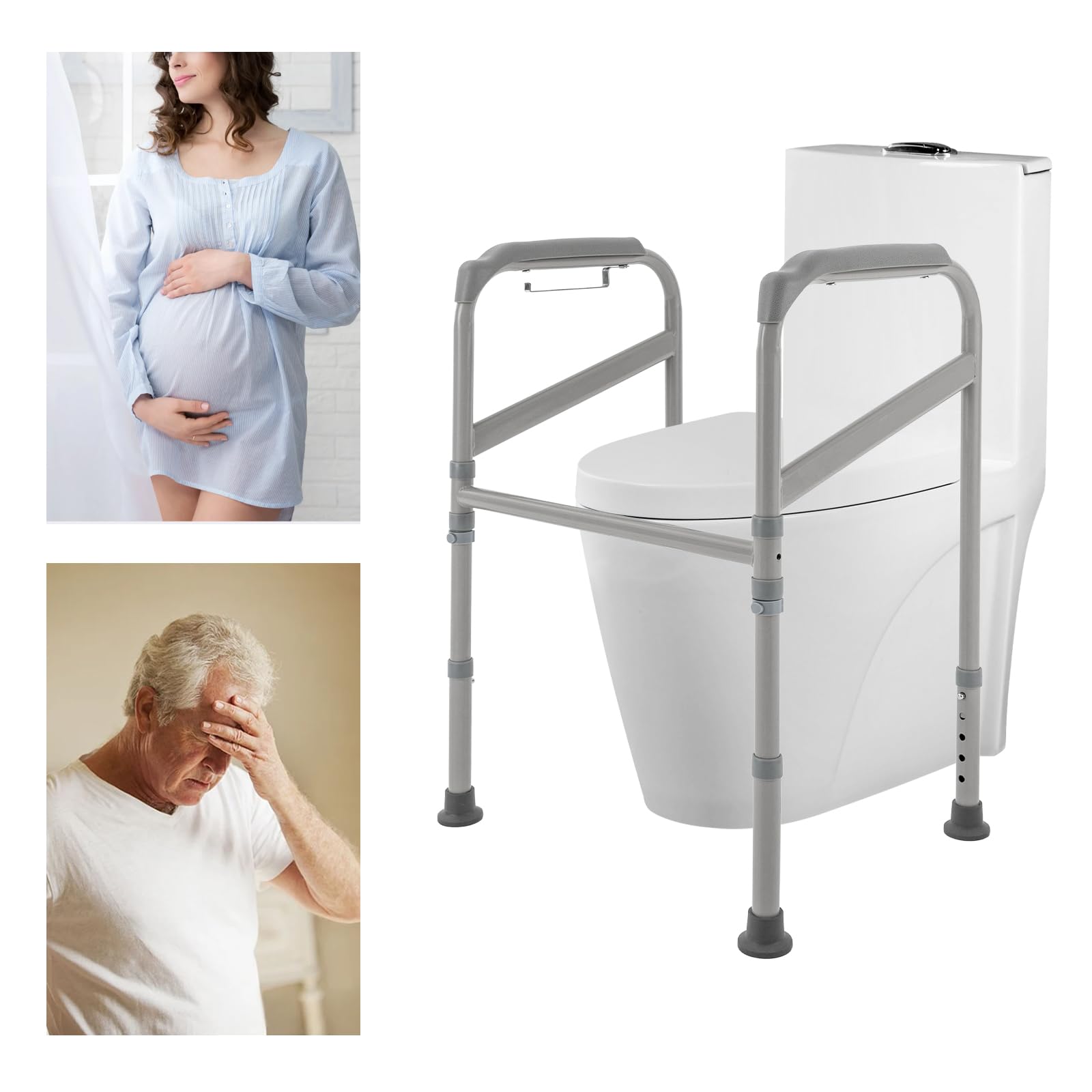 Podpórka toaletowa, składana, pomoc przy wstawaniu, z regulacją wysokości, pomoc w wstawaniu do WC, do 200 kg, instalacja bez otworów, dla seniorów, kobiet w ciąży i rannych