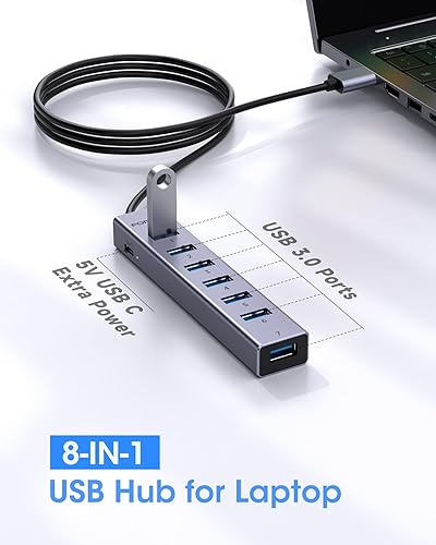 Miniatura 3 de FORIDA Aleación de aluminio de 8 puertos USB Hub divisor USB largo con 7 puertos de datos USB3.0 y puerto de alimentación tipo C 5V3A compatible con