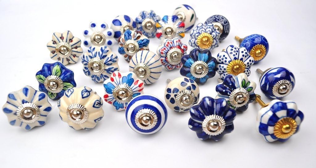 PARIJAT HANDICRAFT 1.5-inch Hand Painted Ceramic Pumpkin Knobs Cabinet Drawer Handles Pulls (Blue and White) - Set of 25