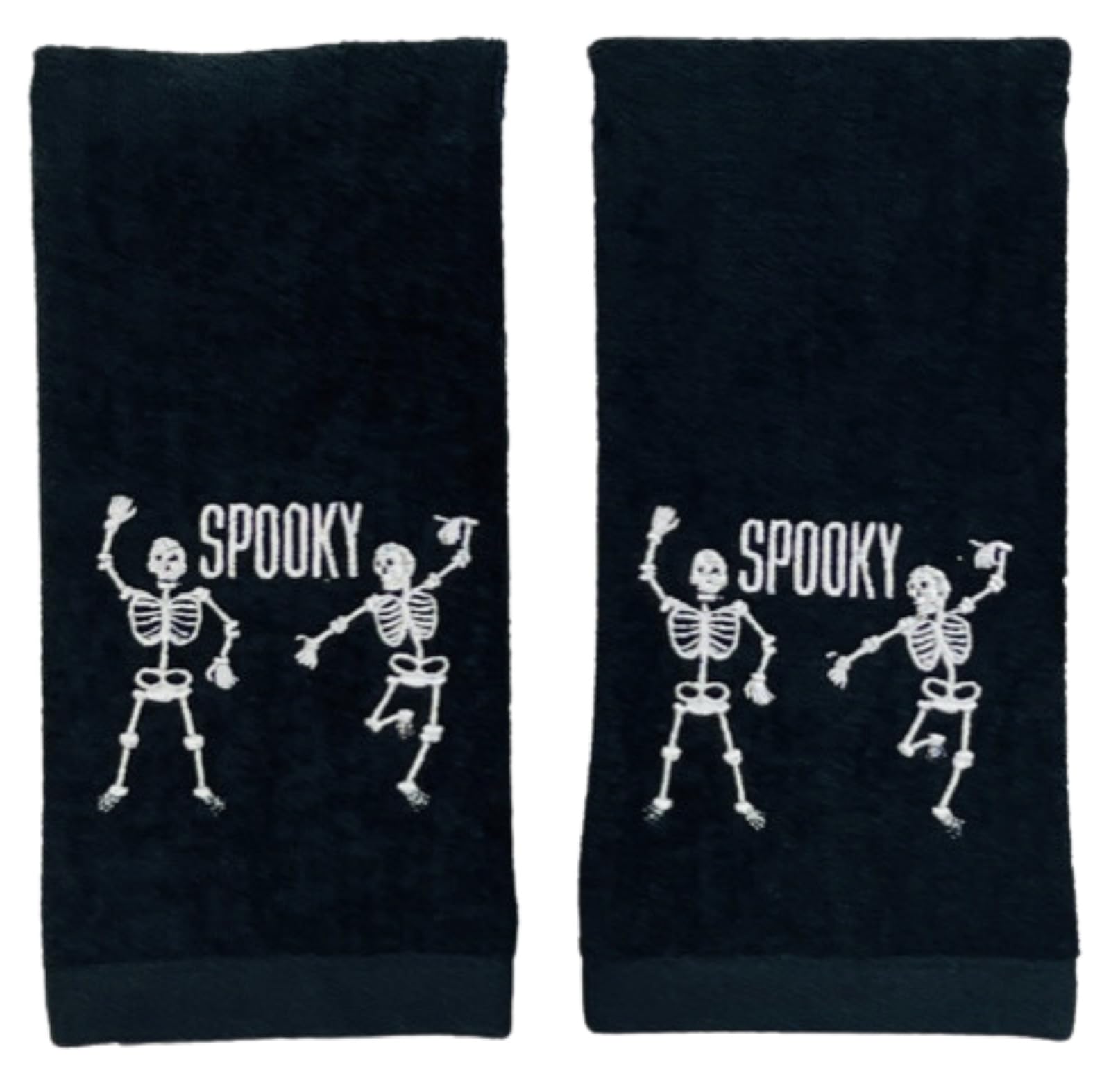 Serafina Home Halloween Bathroom Fingertip Towels – Set of 2 Soft Black Velour Cotton Dancing Skeletons & Ghosts – 12