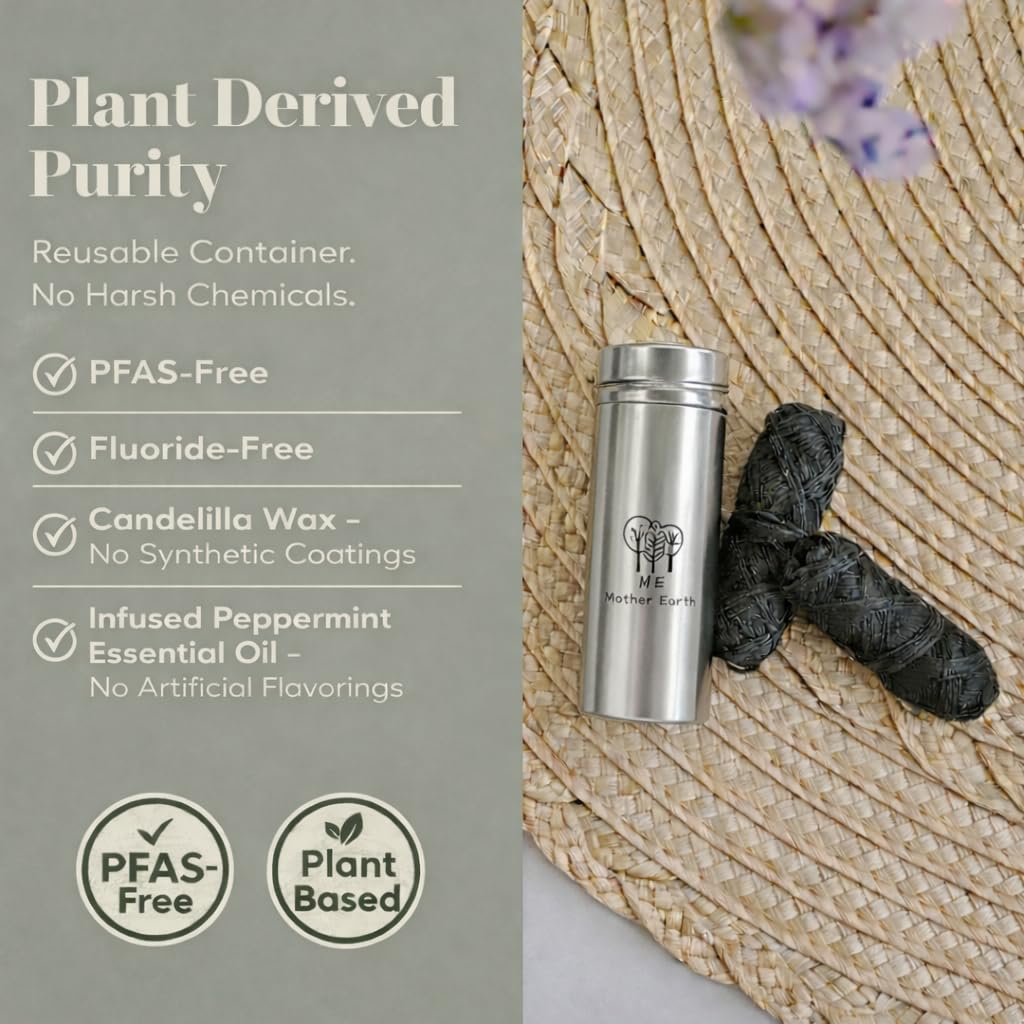 Hilo dental de carbón de bambú biodegradable vegano con recipiente de acero inoxidable rellenable, 33 yardas x2 | Recambio extra de hilo | Cera natural de Candelilla | menta | Eco Zero Waste Oral Care
