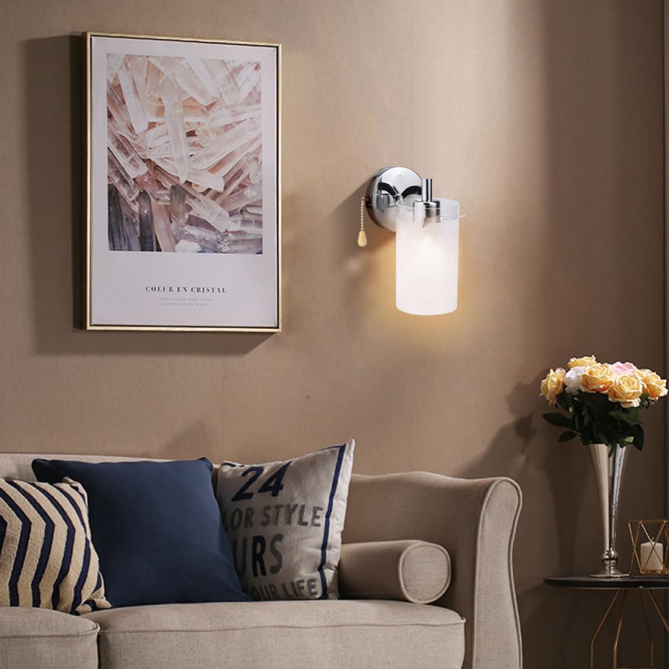 Image of Veemoon Wall Light Fixture with Pull Chain, Enterway Glass Wall Mount Lamp Vintage Farmhouse Corridor Decorative Lamp Pull Closet Light for Bedroom Hallway Bathroom (12V-240, E27, No Bulb Included)