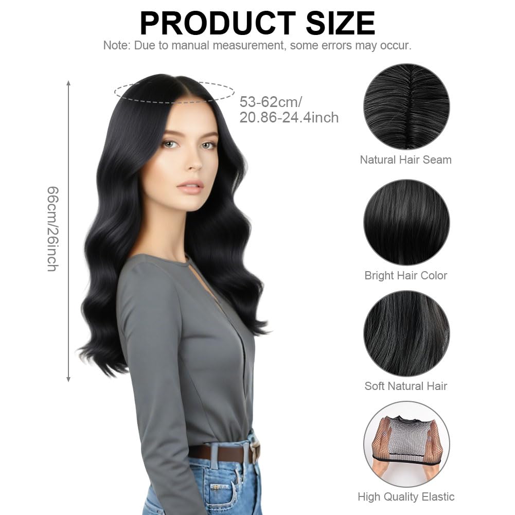 AUYAO Long Wave Wig for Women Synthetic Fiber Long Wavy Hair Wig Middle Part with No Bangs Curly Hair Wigs Fancy Dress Synthetic Hair for Party Costume Anime Halloween Christmas Carnival(Black) - Image 3