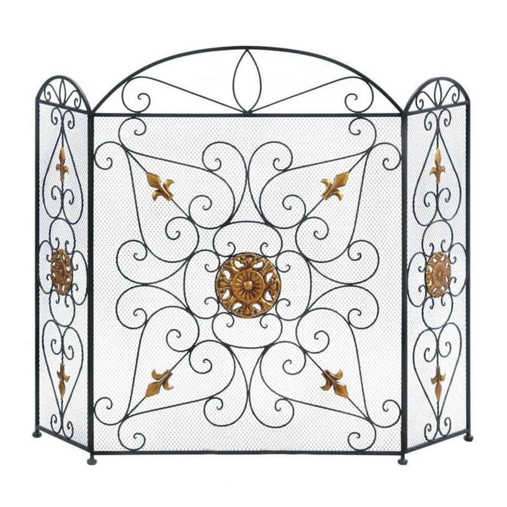 fireplace cover Iron Metal Fireplace Screen Floor-Standing Fireproof Partition with Hollow Carvings and Golden Accents