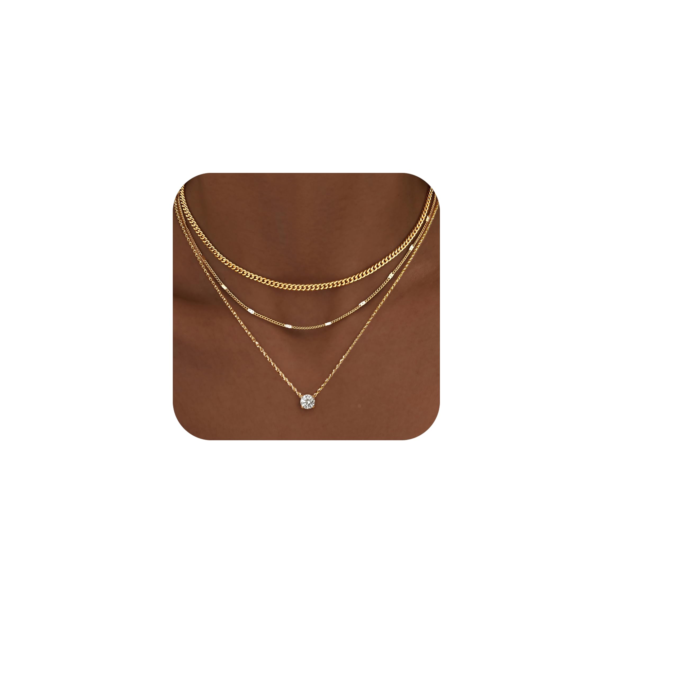 Close-up of the WomenGifts layered gold necklace set showing the different chain styles and pendant details.