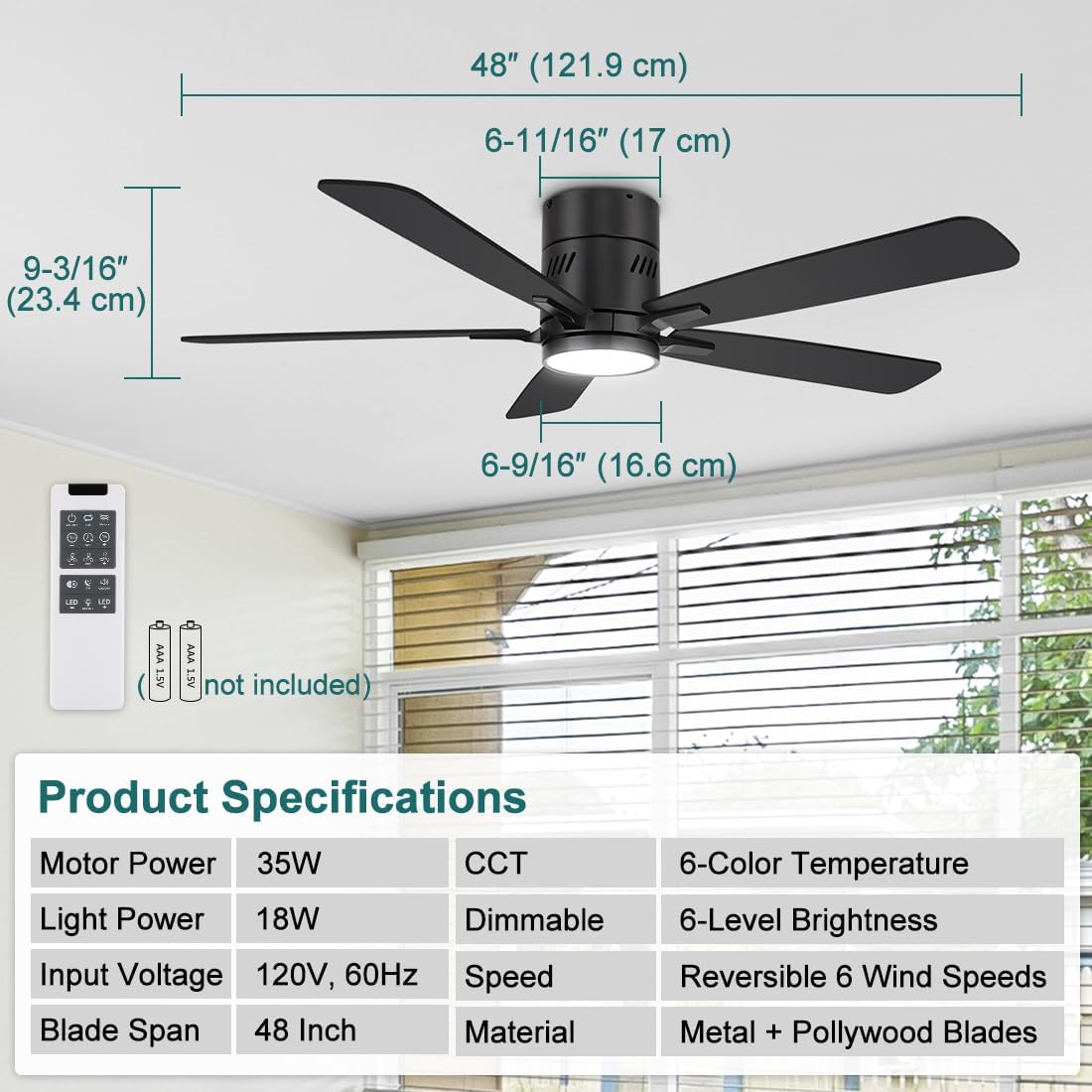 48 inch Flush Mount Ceiling Fans with Lights, 6-Speed Reversible Quite Motor, 6CCT Light Brightness Adjustable, Morden Low Profile Ceiling Fan for Bedroom Living Room, Black