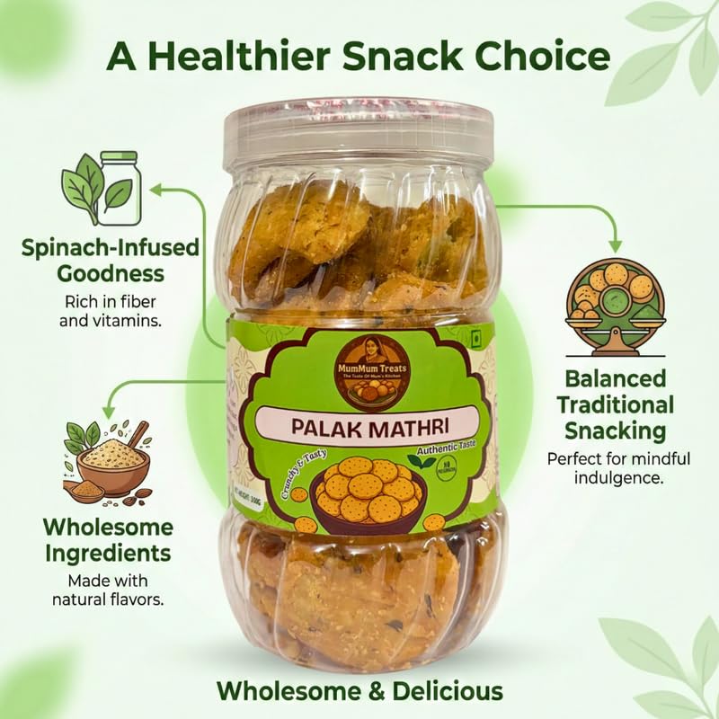 Image of MumMum Treats Palak Mathri | Crispy & Flaky Tea-Time Snack | Savoury Spinach Nasta for Anytime Cravings | 300g