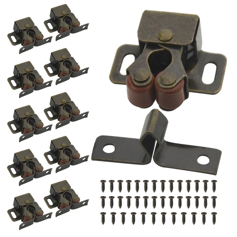 XINMEIWEN 10Pack Double Roller Catch Cabinet Catch Door Latch Heavy Duty Latch Hardware with Spear Strike Installation Screws for Home Kitchen Cabinet Cupboard (Antique Bronzed)