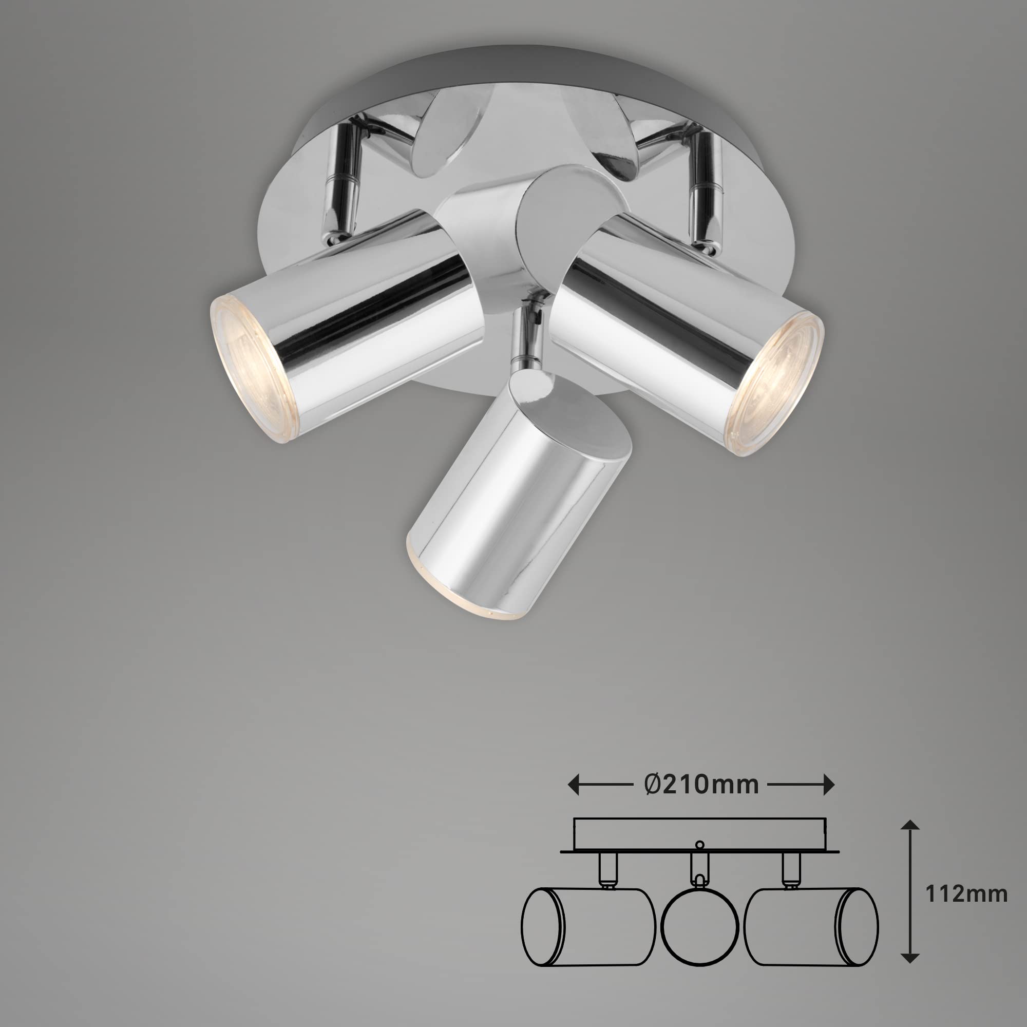 Briloner - Foco de techo, iluminación de baño, lámpara de baño, lámpara de techo, proyector orientable e inclinable, 3x LED/GU10, IP44, cromado, 210 x 112 mm (DxH)