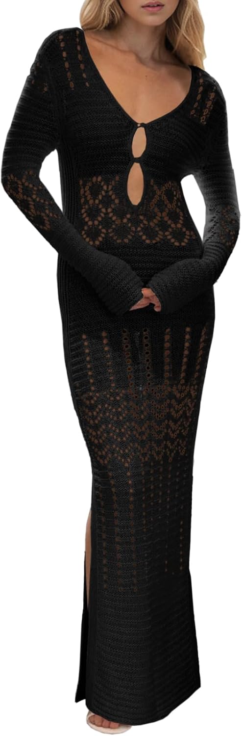 Saodimallsu Womens Crochet Coverups Sexy V Neck Cut Out Long Sleeve Mesh Cover Ups Side Slit Beach Maxi Dress Small Black