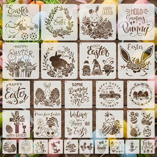 Easter Stencils for Painting, 28PCS Plastic Stencils for Crafts Reusable Featuring Bunny & Egg Icons, Drawing Templates for Wood Cards Canvas Glass, Holiday DIY Kit for Kids & Adults