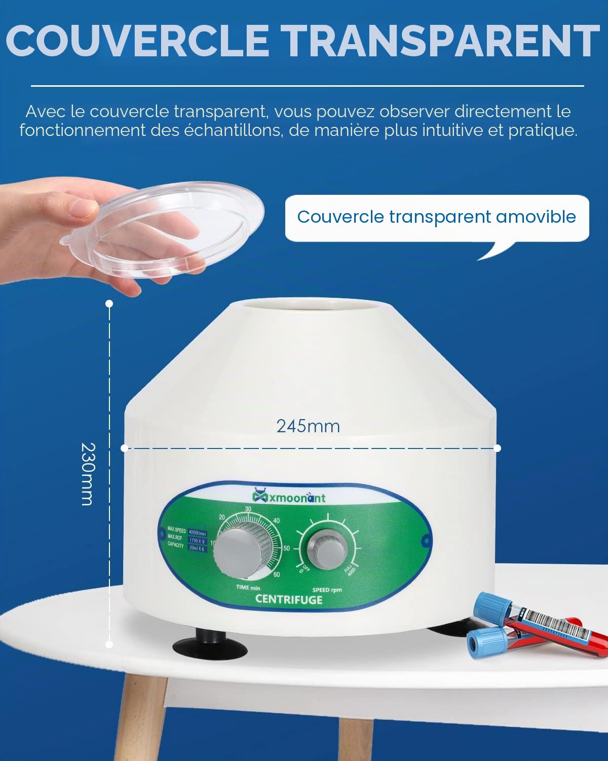 Mxmoonant Centrifugeuse de Laboratoire, 4000rpm, 6x20ml, 1790xg, 60min | pour Tubes à Essais 20ml/15ml/10ml/5ml, pour PRP, Séparation D'échantillons, Analyse Qualitative (Prise EU)