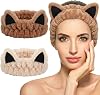 Bingobang 2 Pack Spa Face Wash Headband for Women Girls, Microfiber Elastic Cute Cat Ears Makeup Hair Bands, Soft Coral Fleece Skincare Headband for Beauty Shower Yoga Sports (Off-white and Khaki)
