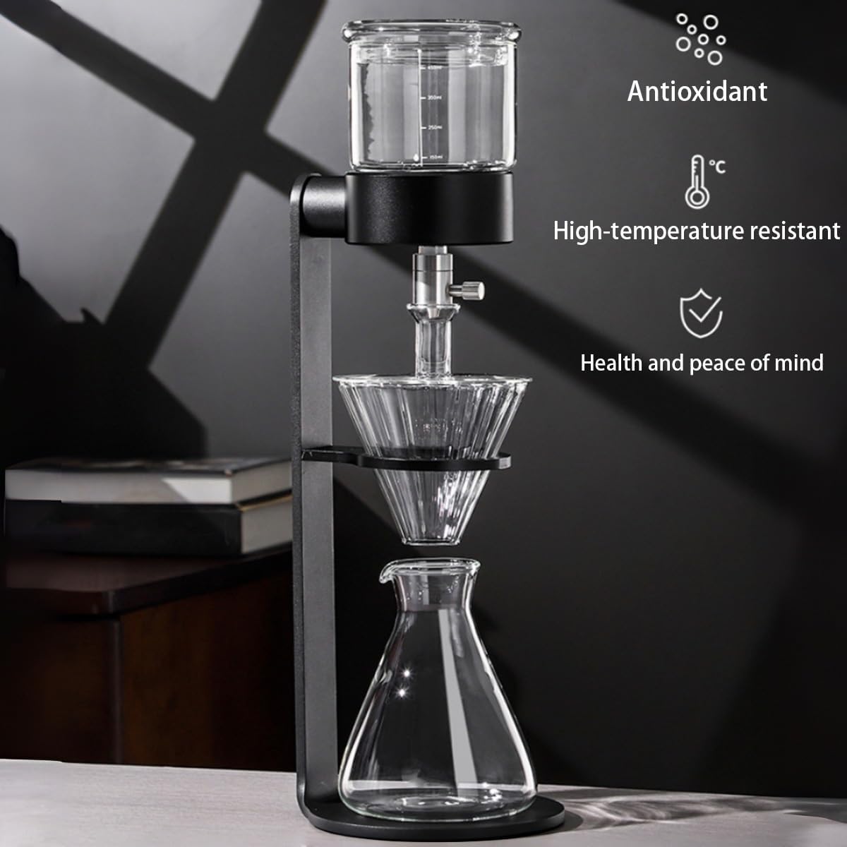 Caffettiera a freddo da 500 ml, con valvola antigoccia in acciaio inox, in vetro borosilicato, 2-3 tazze, per casa e ufficio