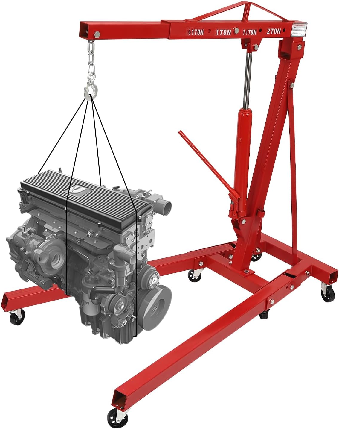 2 Ton Folding Engine Hoist Crane Hoist Lift, Hydraulic Powered Crane Hoist Lift, 4400lbs Crane Hoist Lift w/6 Iron Caster Wheels for Garage, Workshop (Red)
