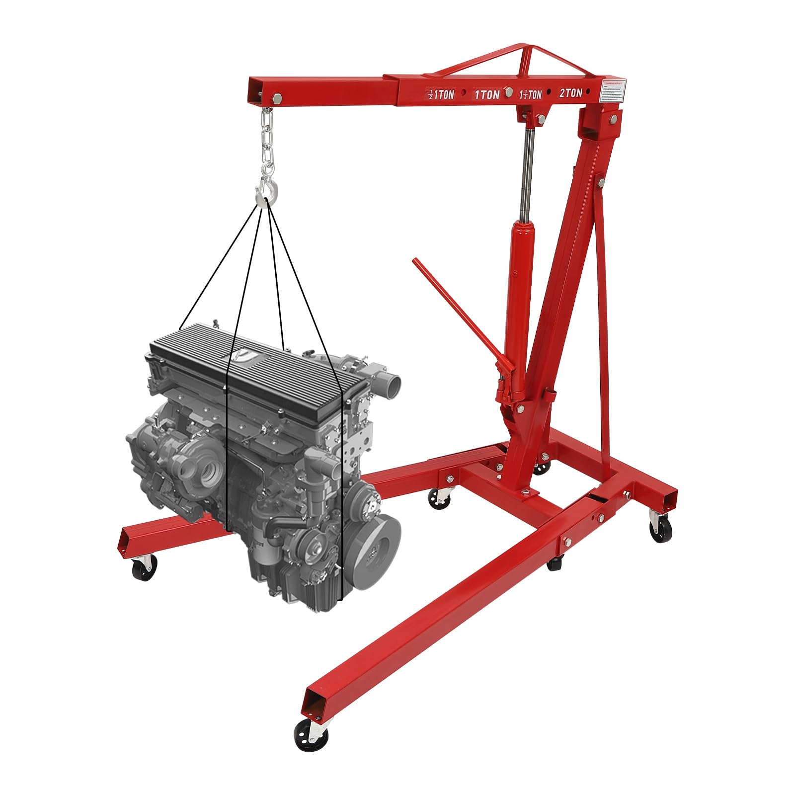 2T/4400 Lbs Folding Engine Hoist Crane Hoist Lift, Heavy Duty Carbon Steel with 6 Iron Caster Wheels, 4 Adjustable Positions, for Garage Workshop Engine Lifting Loading (Red)