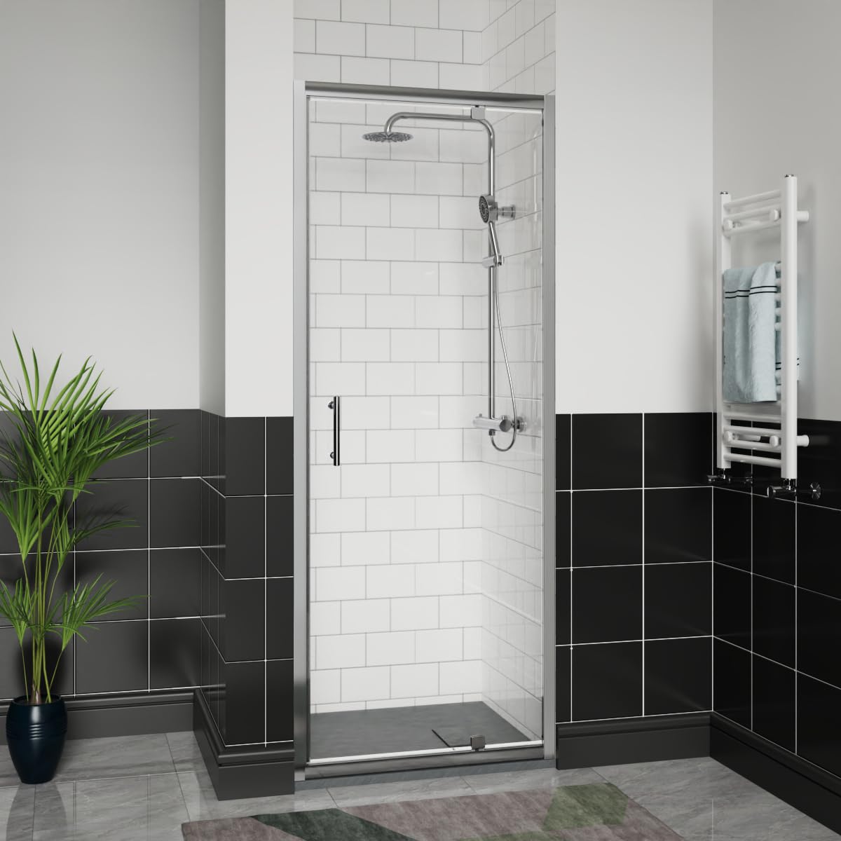 Aquariss 700x700mm Chrome Pivot Alloy Hinge Shower Door Enclosure with 700mm Clear Self Clean 6mm Shower Door Screen, Anthracite SMC Anti Slip Shower Tray and 90mm Waste