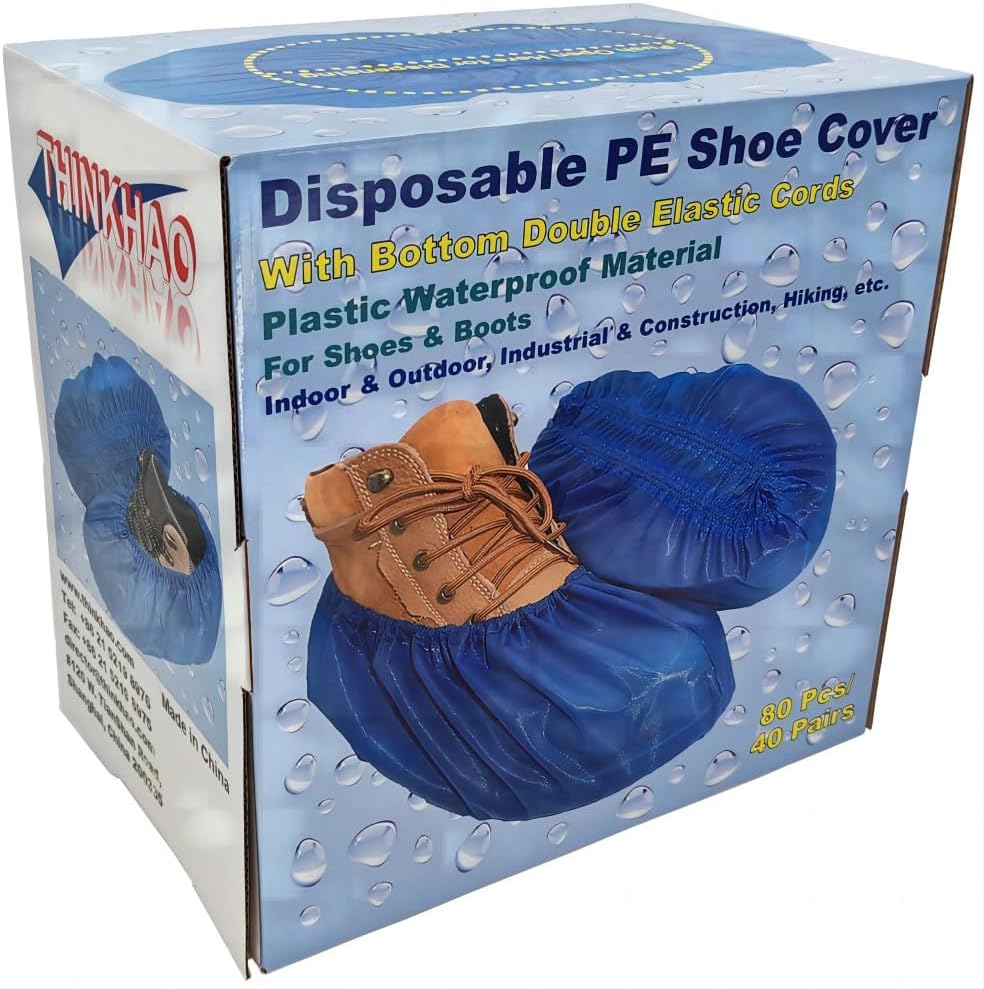 Disposable PE Shoe Covers, 80 Pcs, Waterproof, Double Elastic Cords