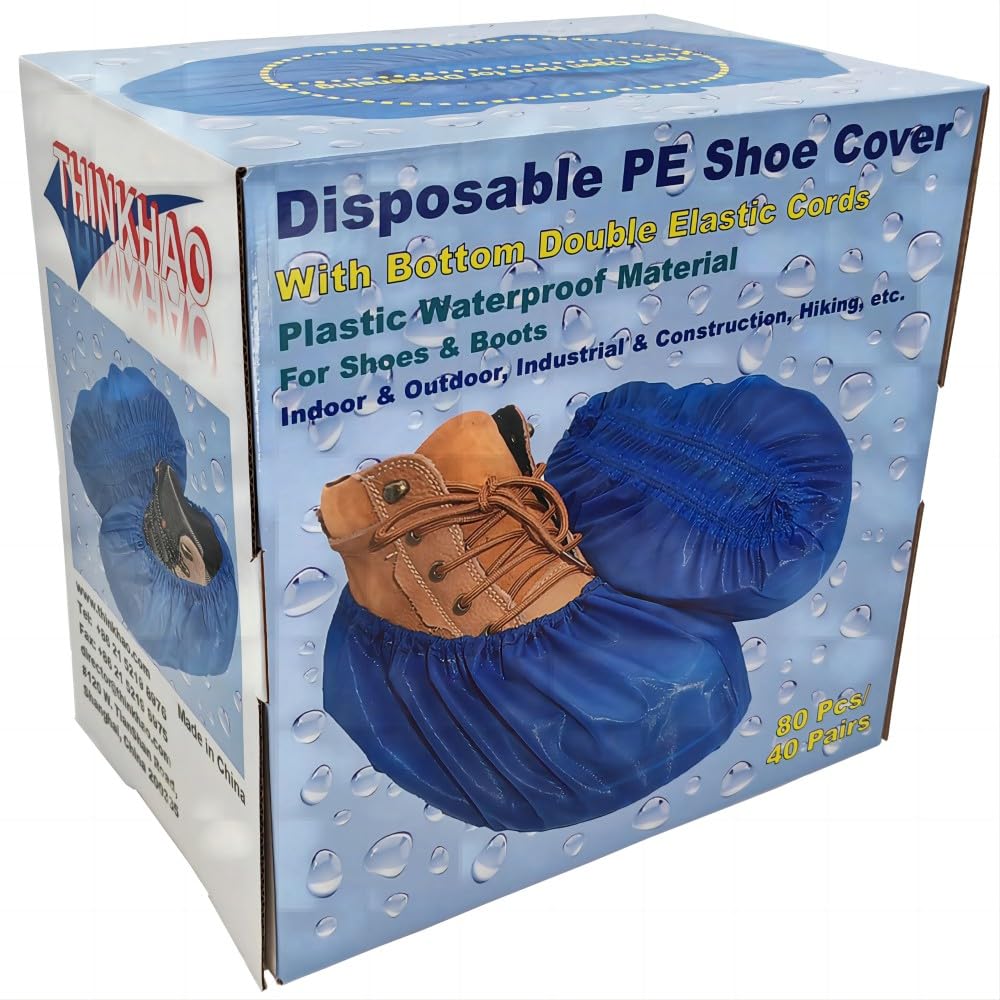 THINKHAO Disposable PE Shoe Covers, 80 Pcs, Waterproof, Double Elastic Cords