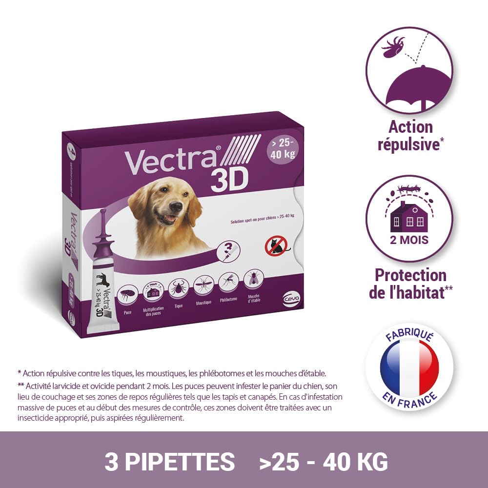 Vectra 3D Solution Spot-on pour Chiens > 25–40 kg - 3 pipettes