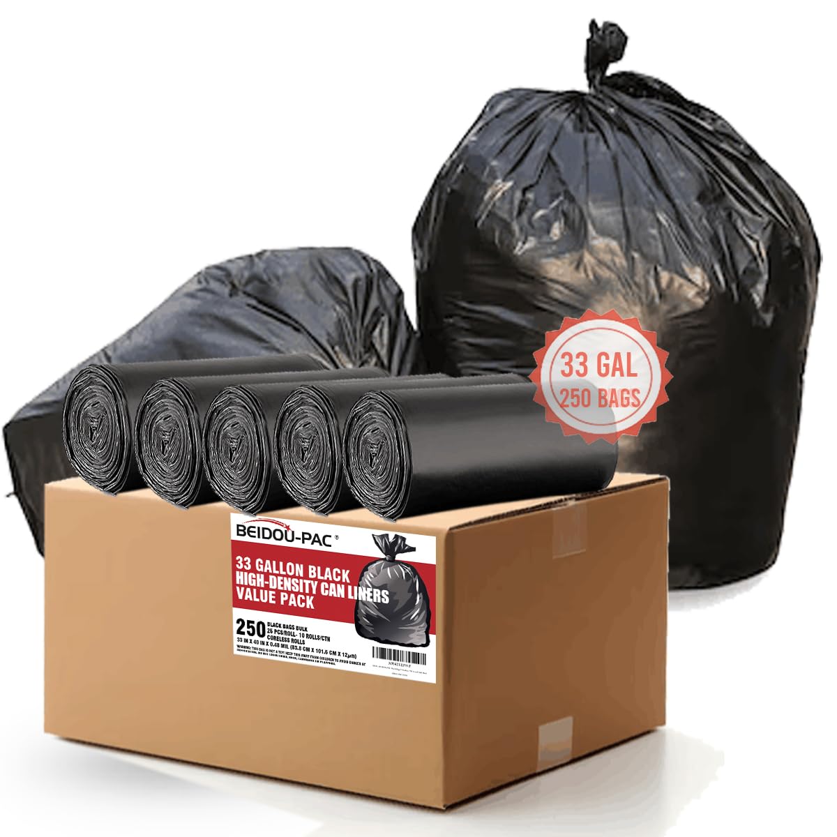 BEIDOU-PAC 33 Gallon Trash Bags, 250 Count Bulk, Black Garbage bags, Multi-purpose Trash Can Bin Liners for Home Commercial, Outdoor, Construction,