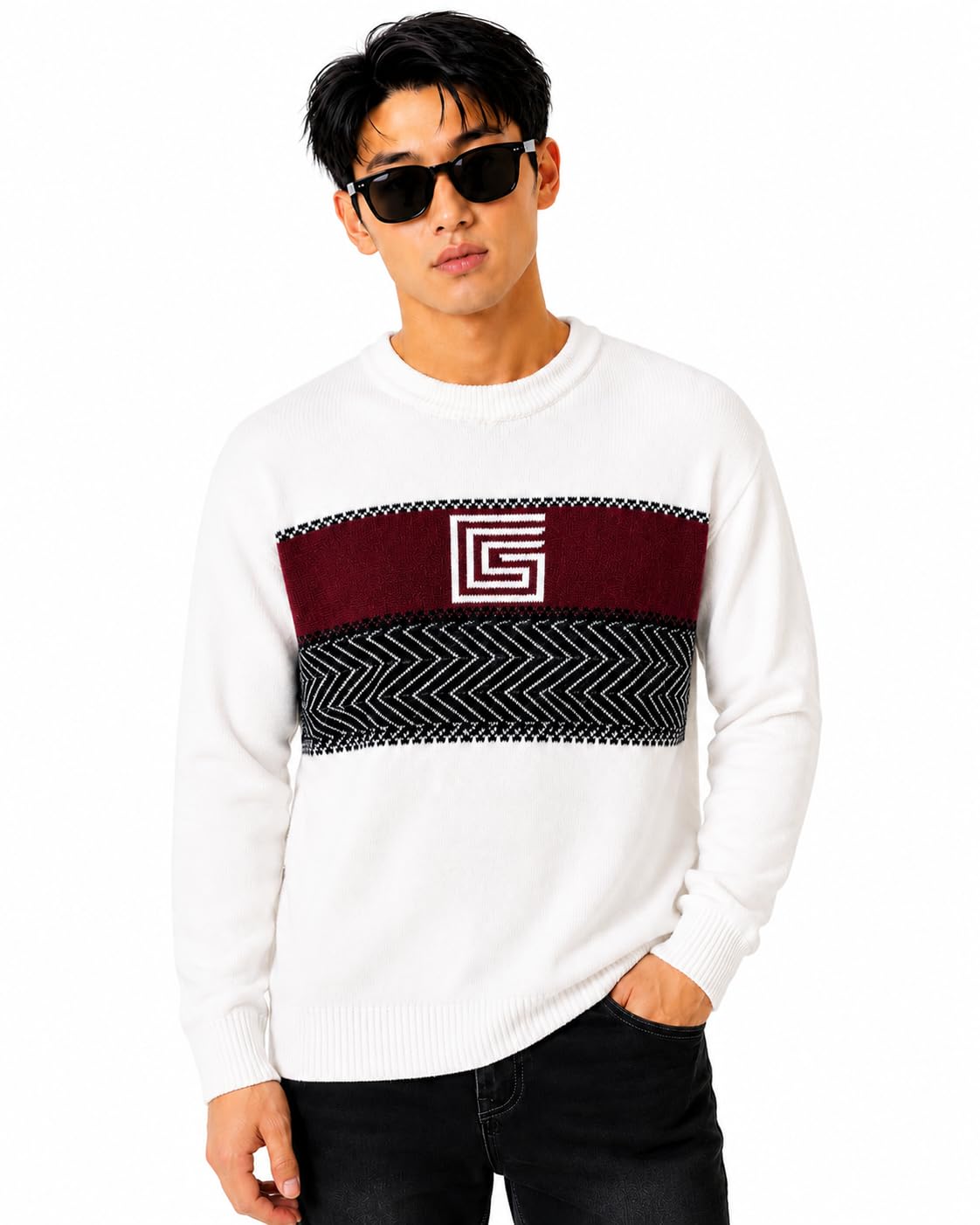 Men's Self Design Round Neck Full Sleeve Soft Knit Winter Pullover Regular Fit Casual Geometric Sweater for Men-picture-35