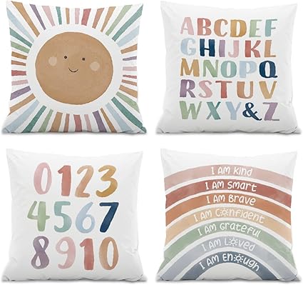 Kids Playroom Decor,Boho Sun Alphabet Throw Pillow Covers,Kids Reading Nook Decor Pillowcase for Classroom Playroom Nursery,18x18 Inch Pillowcase Set of 4