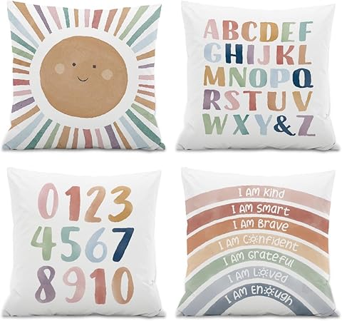 Kids Playroom Decor,Boho Sun Alphabet Throw Pillow Covers,Kids Reading Nook Decor Pillowcase for Classroom Playroom Nursery,18x18 Inch Pillowcase Set of 4
