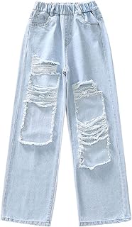 Girls Washed Ripped Jeans Elastic Waist Hole Denim Pants Jeans Wide Leg Distressed Straight Denim Jeans