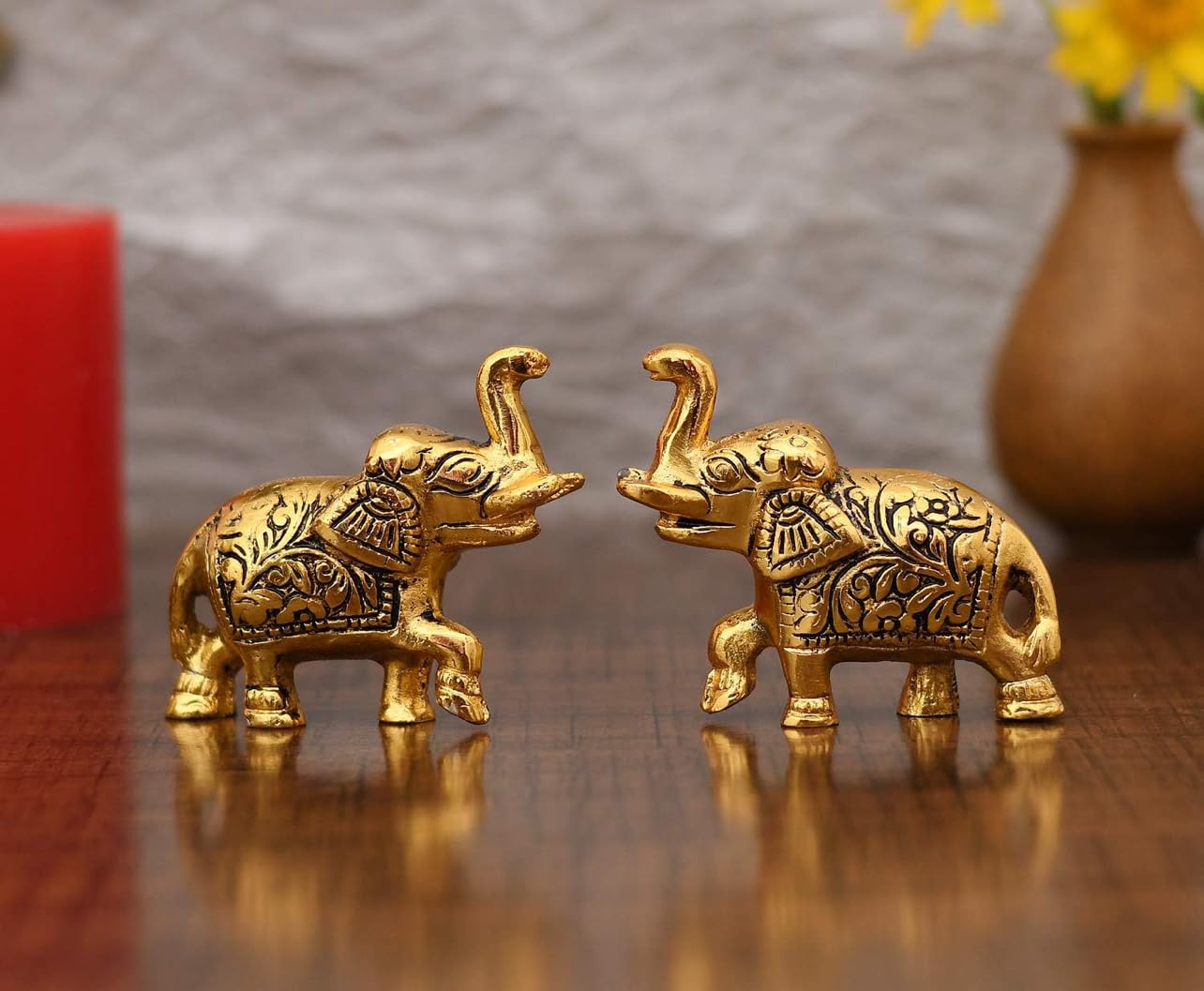 Metal Elephant Pair Statue-Decorative Brass Elephant Action Showpieces(7.5X2.5X5.5 Cm)For Elegant Home Decor