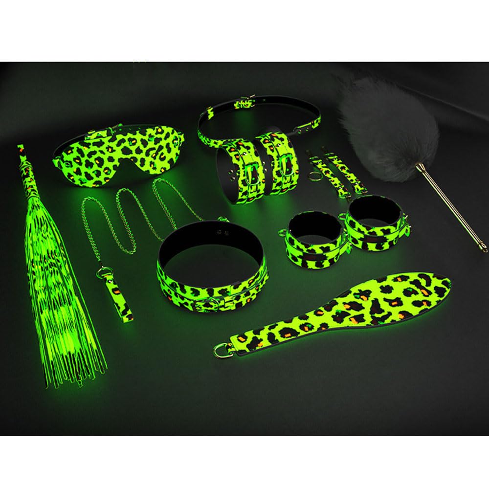Nachtleuchtendes Bondage Set für Paare und Anfänger, Leopardenmuster Leder Fesselset mit Handfesseln Fußfesseln Halsband Augenbinde Peitsche, BDSM Erotikspielzeug für Frauen und Männer