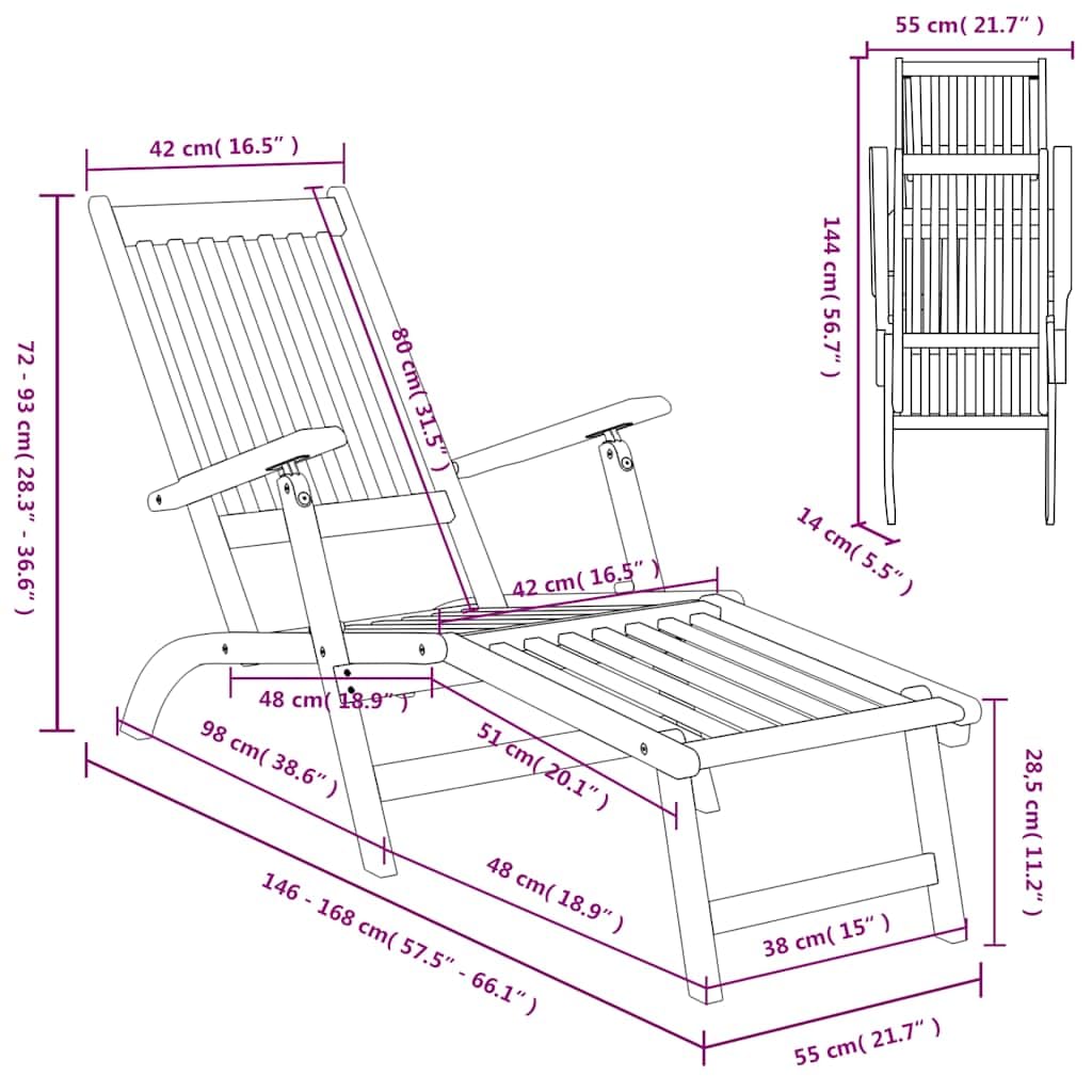 Sedia a sdraio da giardino in legno di acacia, pieghevole, regolabile in 5 posizioni, resistente alle intemperie, per terrazza, balcone, piscina, sdraio ergonomico con schienale e braccioli