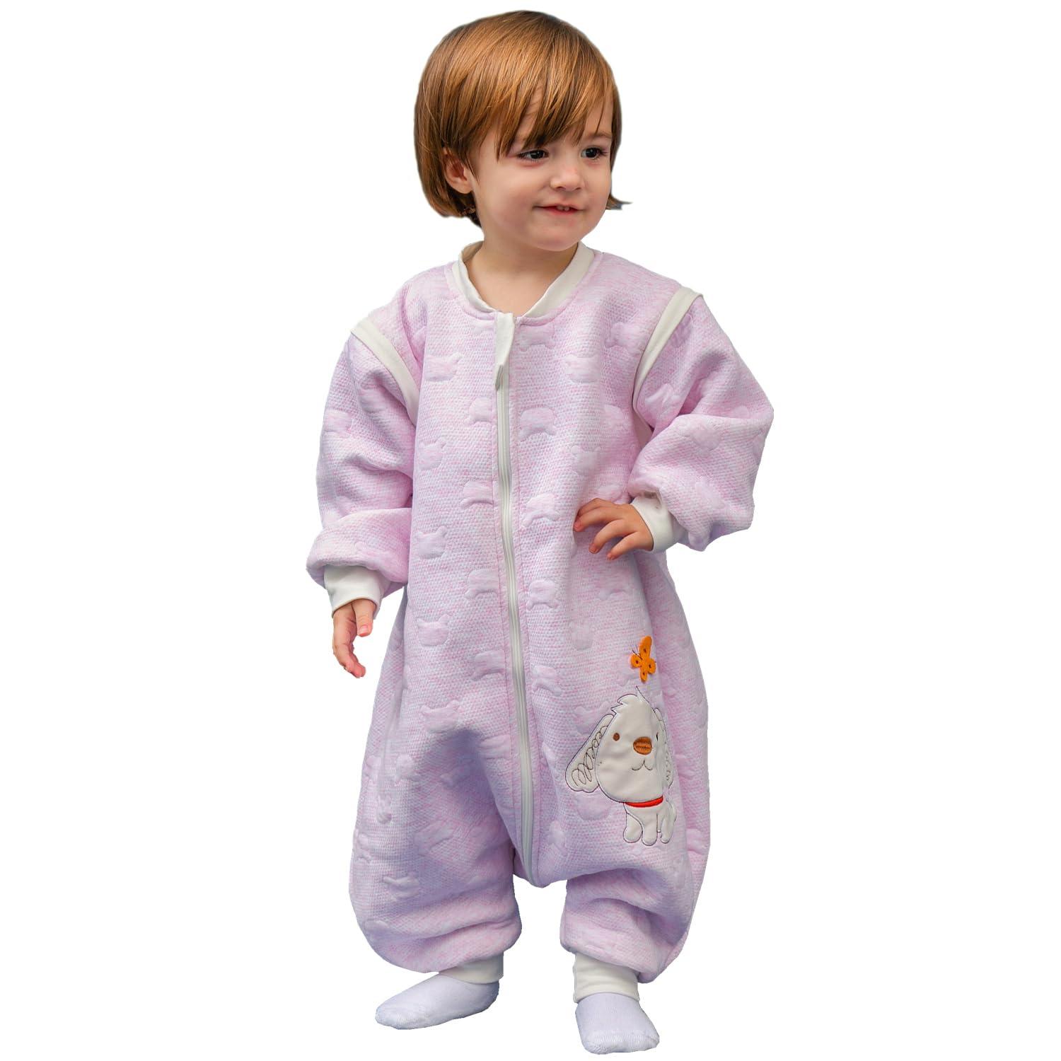 Sacco nanna invernale a maniche lunghe, per bimbe e bimbi, con aperture per i piedi e motivo di cagnolino, in cotone, unisex, per tutto l'anno, Rosa 36-48 Monate