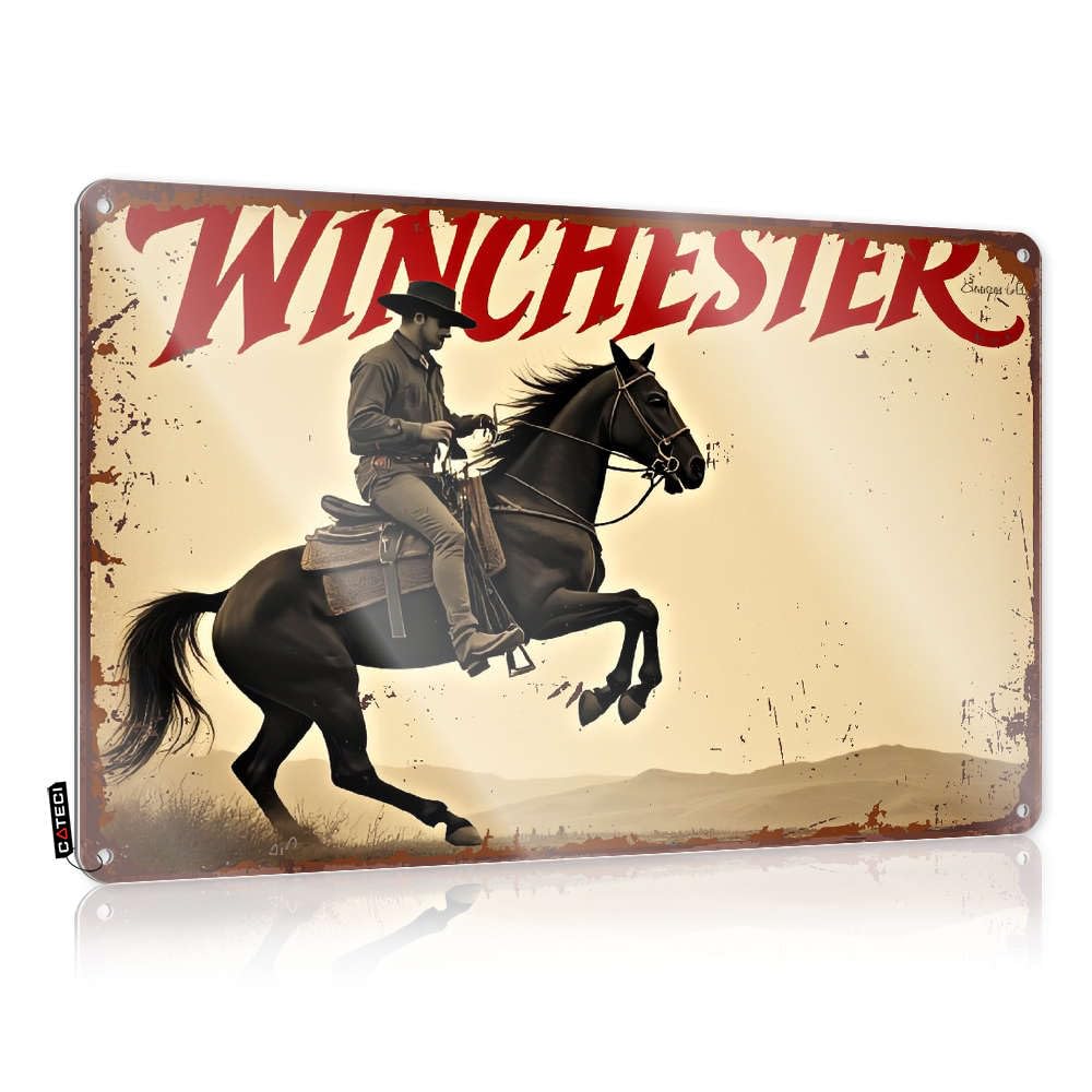 Sujd Colour Tin Wall Art Rustic Rules | A Cowboy Rides A Prancing Horse In A Vintage-Style Advertisement For Winchester. Pretty Metal Wall Decor For Restroom Home(30X40cm)