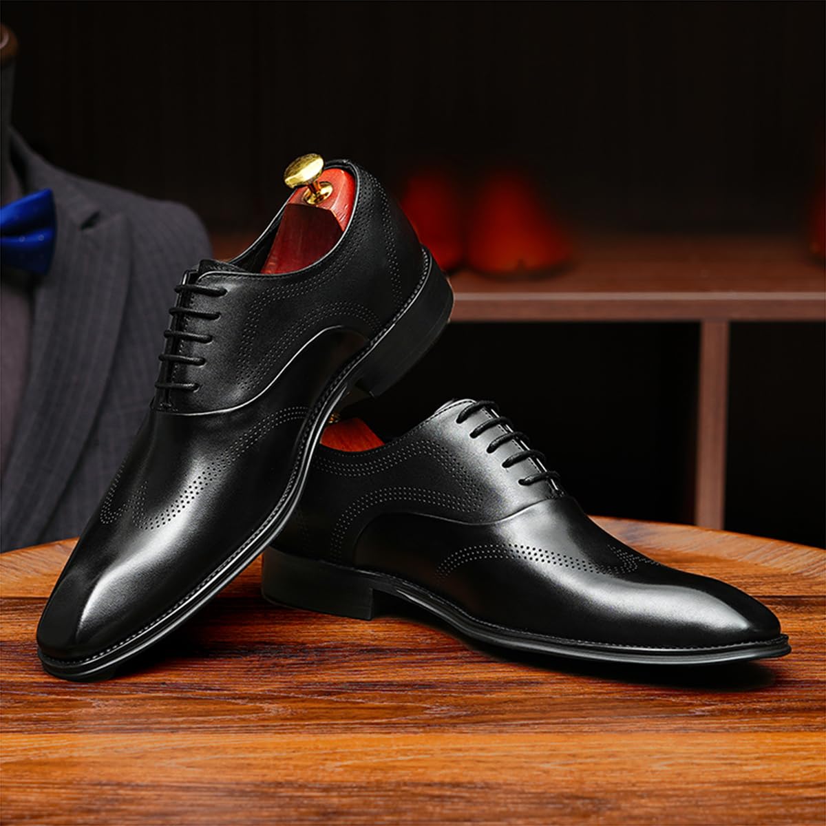 Oxfords Casuales Negocios para Hombres Brogues de Vestir Formales Trabajo Zapatos Bajos con Cordones en Cuero Genuino