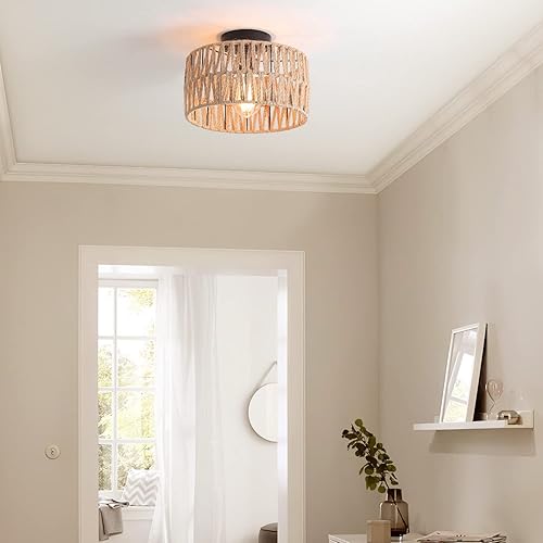 Miniatura 10 de Hchunqjor Lámpara de 3 luces tejida costera de montaje empotrado, estilo bohemio, rústico, cuerda de cáñamo, lámpara de techo semiempotrada para