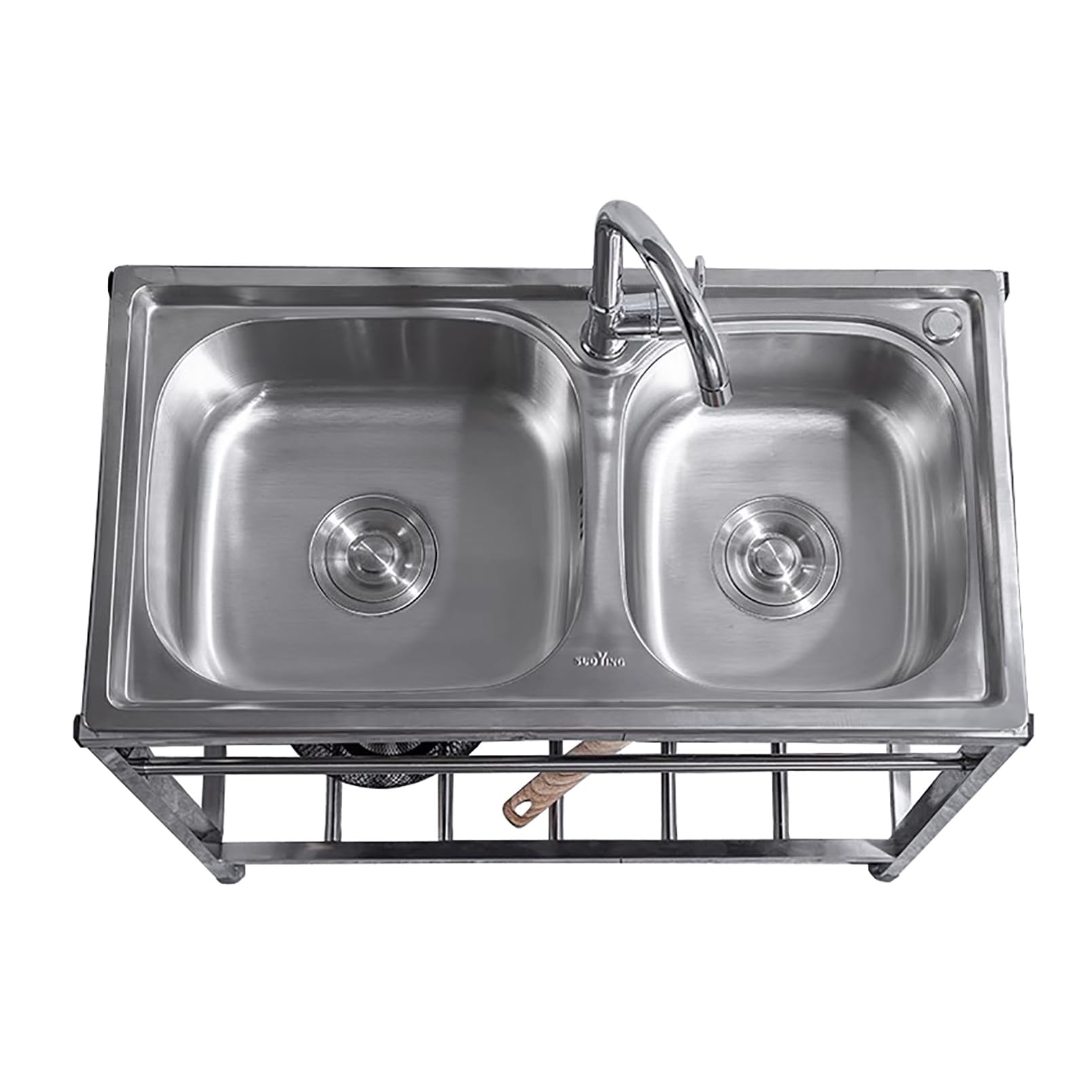 LMYSXAOZ Stainless Steel Utility Sink Double Bowl w/Faucet & Drainboard Storage Shelves, 2 Compartment Freestanding Kitchen Sink, Outdoor Camping for Garage, Restaurant, Backyard