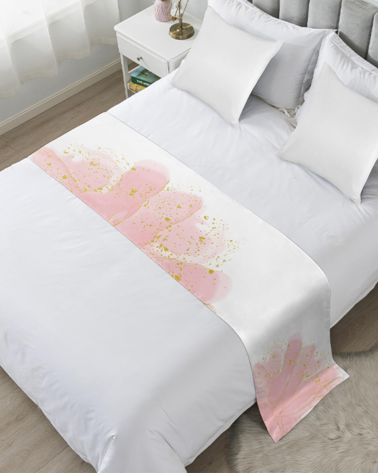 Blush Pink Gold Bed Runner for Full/Queen Size Bed, Bedspread Protector Slipcover Bed Scarf for Foot Bed Runners & Scarves for Bedroom Hotel Wedding Room 83x20 Inches Abstract Contemporary Flower Art