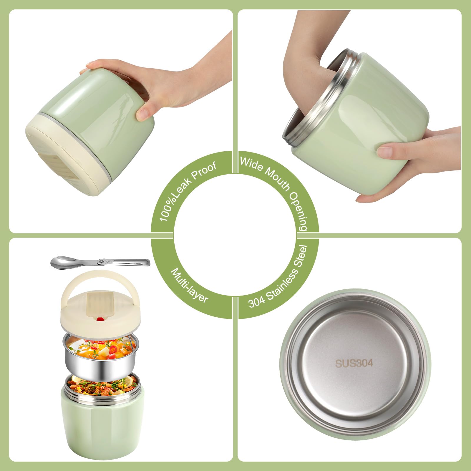 AiQInu Portapranzo Termico per Alimenti 1200ml con Isolamento Sottovuoto, Thermos Pappa BPA Free, Contenitore Termico per Alimenti Caldi con Cucchiaio Pieghevole e Manico Antiscivolo per conservare